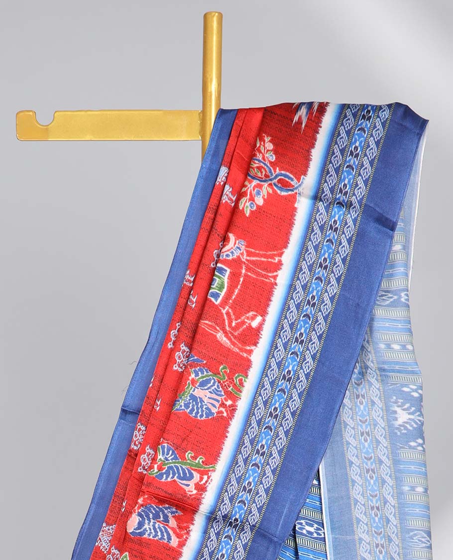 Red motifs semi-banaras printed saree with contrast pichwai border & geometric,floral design pallu