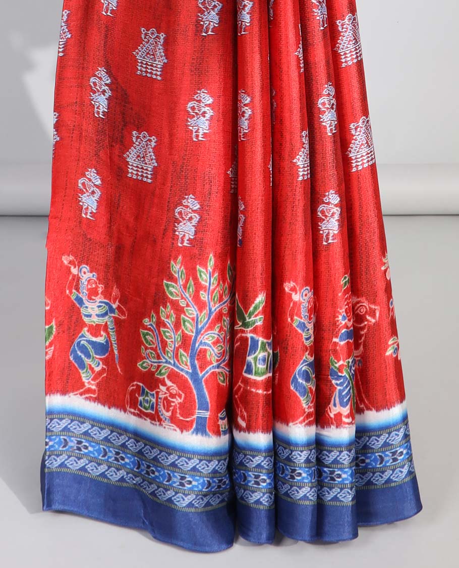 Red motifs semi-banaras printed saree with contrast pichwai border & geometric,floral design pallu
