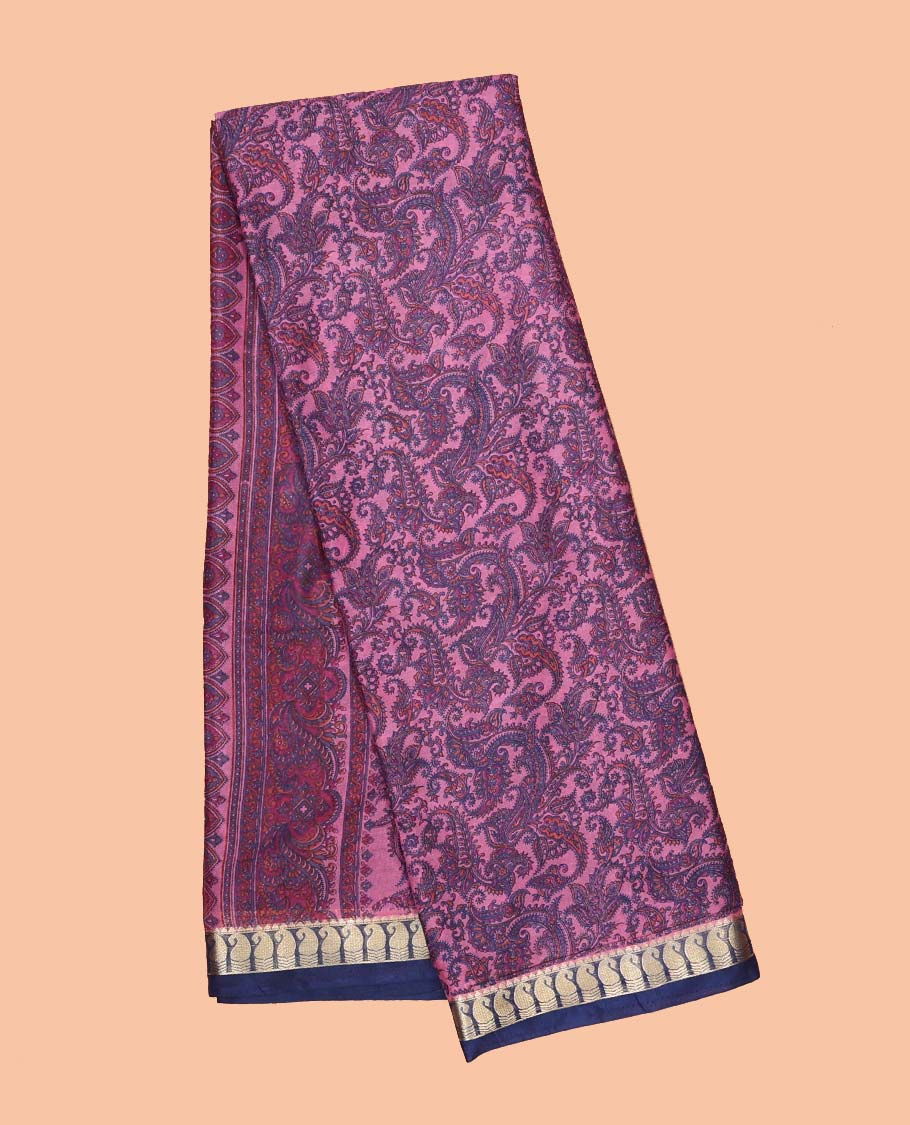 Purple intricate paisley vine semi-banaras printed saree, contrast paisley motifs border & intricate printed pallu
