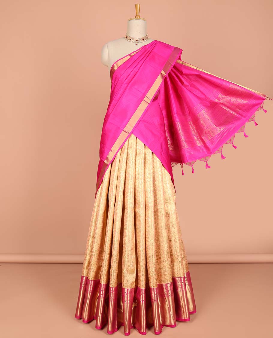 Sandal floral jacquard pure silk half saree with contrast zari design border, zari design blouse & floral zari design dhavani