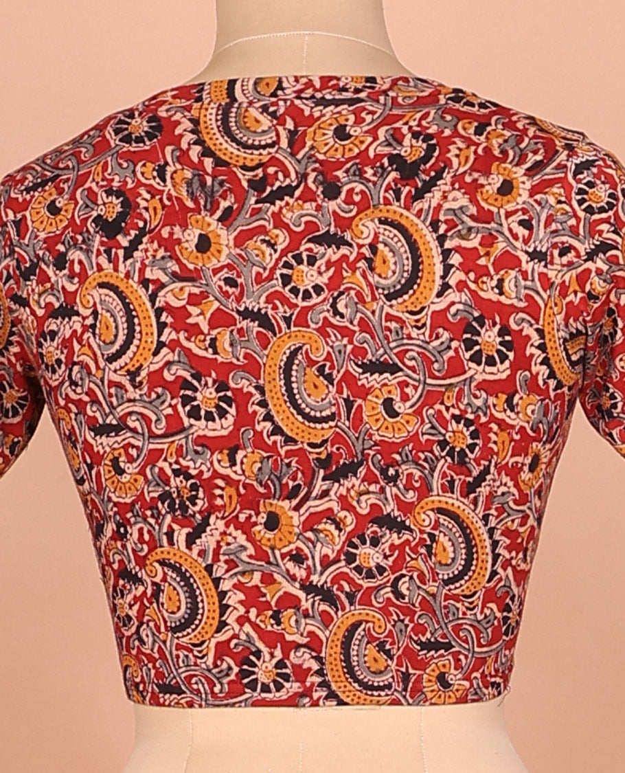Red kalamkari floral vine printed leaf-neck elbow sleeve cotton readymade blouse