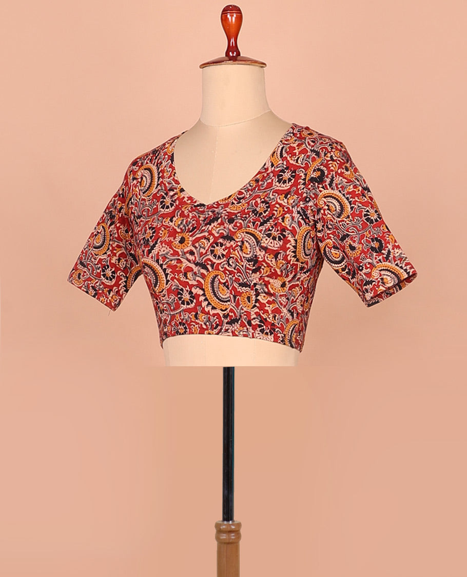 Red kalamkari floral vine printed leaf-neck elbow sleeve cotton readymade blouse