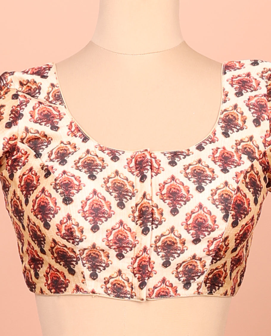 Sandal-Base Readymade Blouse Featuring Intricate Motifs Digital Print, a Front Round-Neck, Back Round-Neck, and Elbow Sleeves
