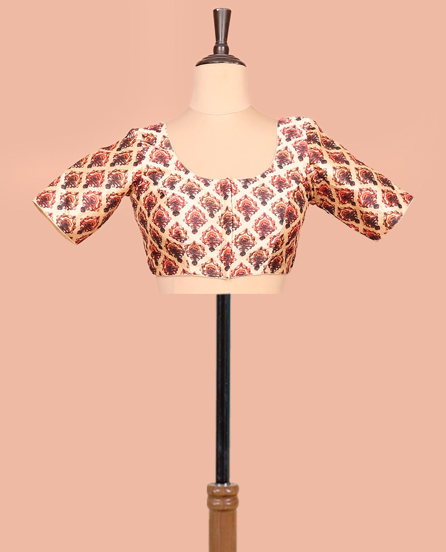 Sandal-Base Readymade Blouse Featuring Intricate Motifs Digital Print, a Front Round-Neck, Back Round-Neck, and Elbow Sleeves