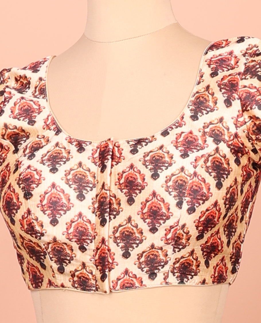 Sandal-Base Readymade Blouse Featuring Intricate Motifs Digital Print, a Front Round-Neck, Back Round-Neck, and Elbow Sleeves
