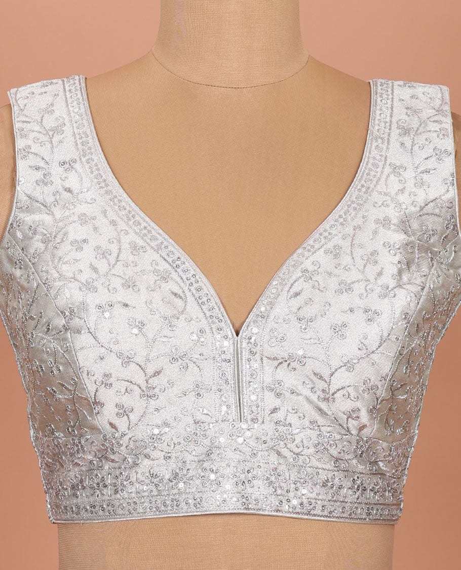 Silver floral embroidered front sweet heart-neck sleeveless readymade blouse
