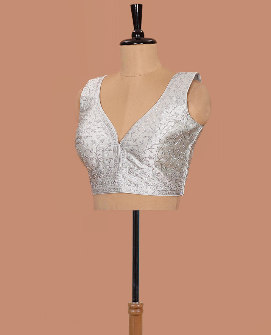 Silver floral embroidered front sweet heart-neck sleeveless readymade blouse