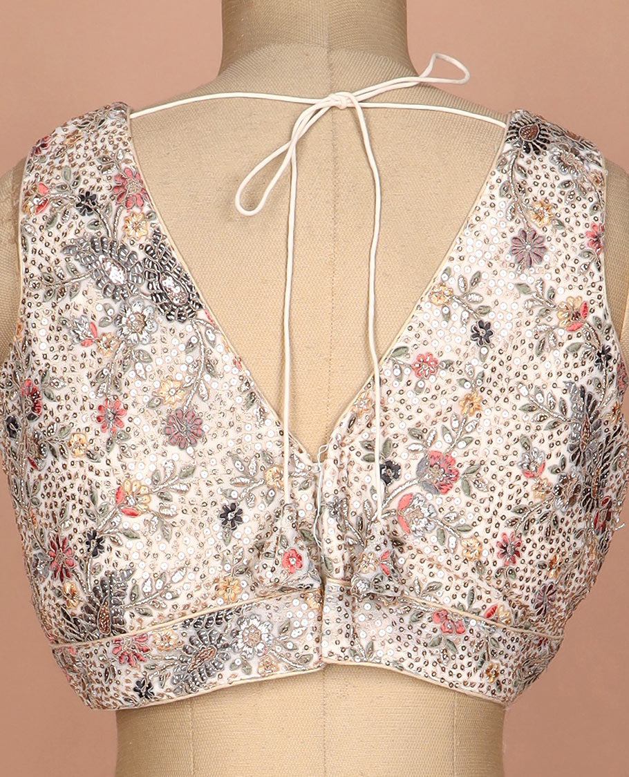 Cream floral sequins embroidered V-neck sleeveless raw silk readymade blouse
