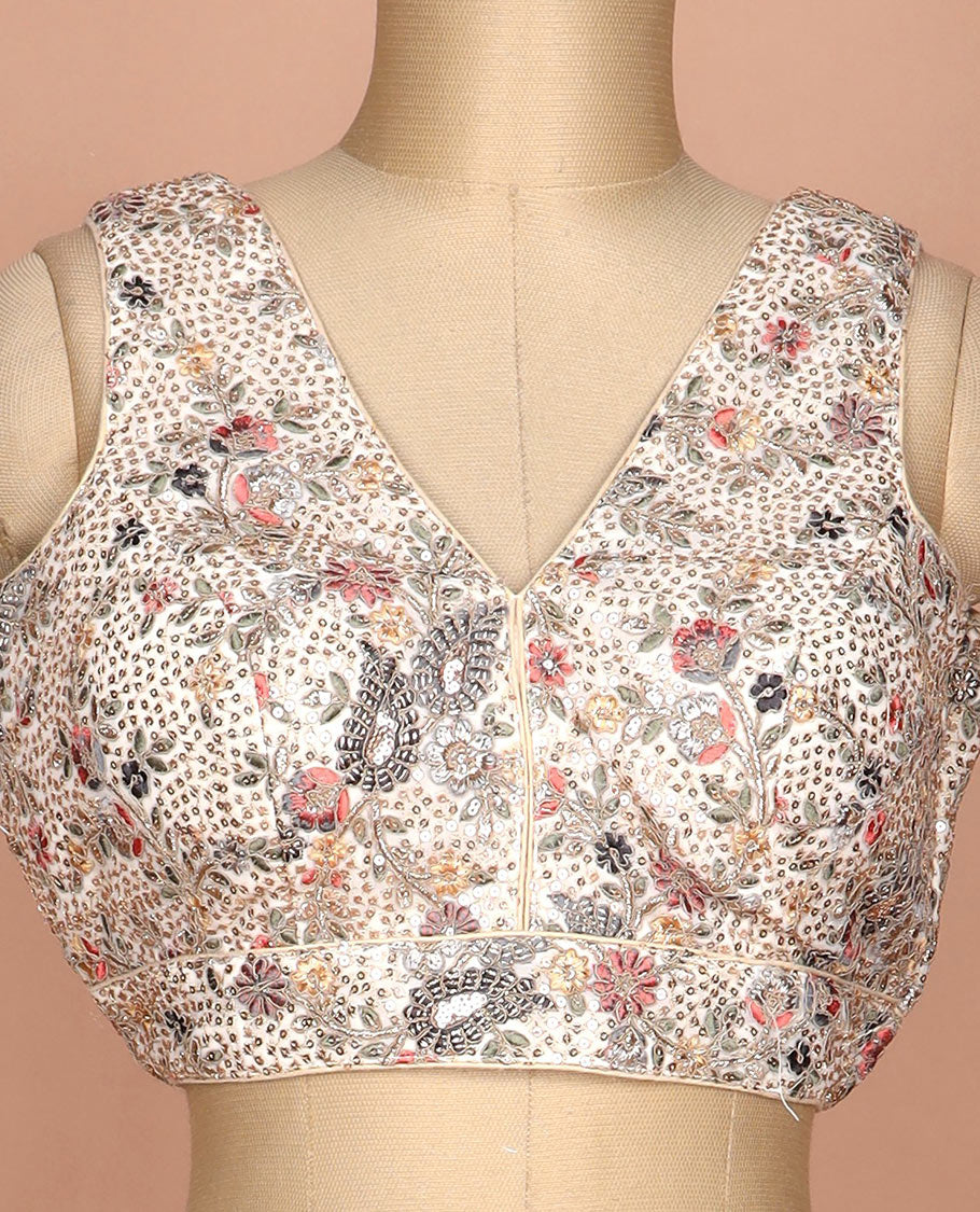 Cream floral sequins embroidered V-neck sleeveless raw silk readymade blouse