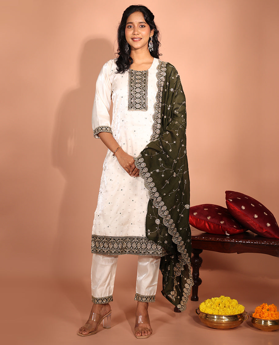 Cream Glass Embroidered Readymade Suit