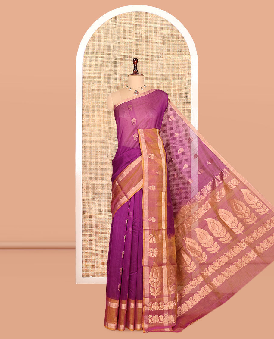 Purple Silk Cotton Saree, Mesmerized with Floral Buttas, Complemented by a Contrast Floral Zari Border, Grand Pallu, and a Contrast Blouse