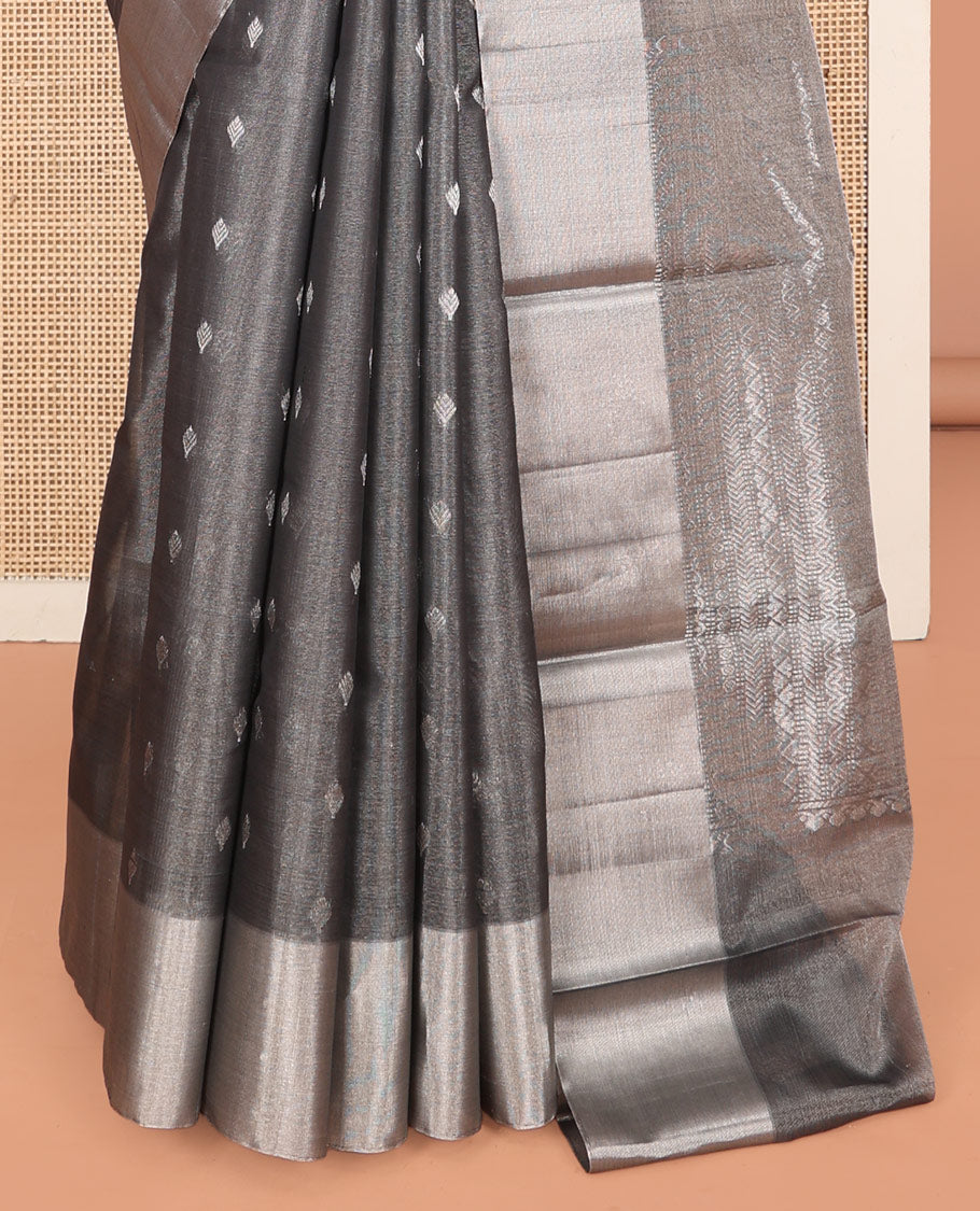 Grey Silk Cotton Saree, Gleamed up with Buttas, a Subtle Bavanji Border, Grand Geometric Patterned Pallu, and a Matching Blouse