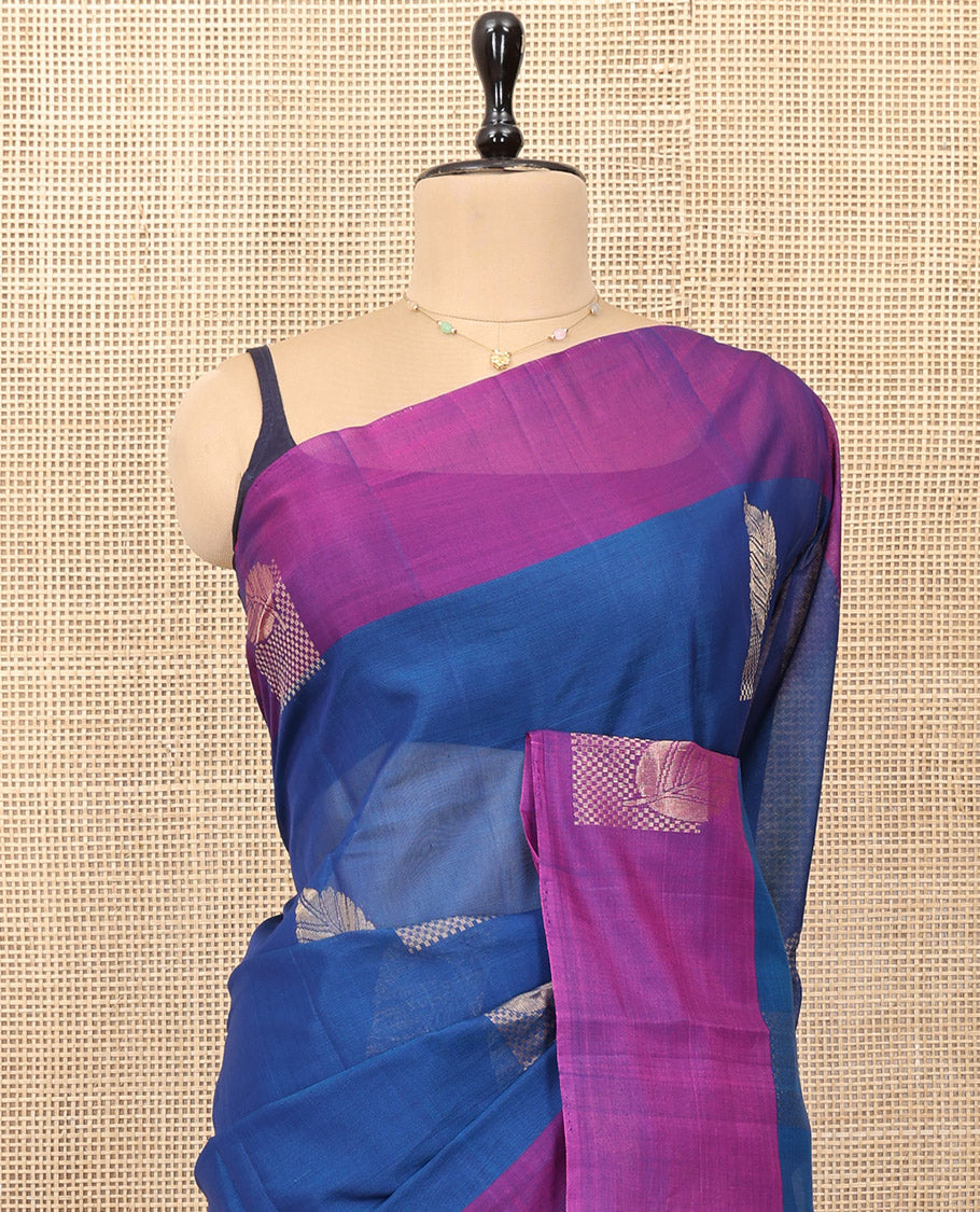 Blue Silk Cotton Saree, Accentuated with Zari Buttas, a Contrast Zari Border, Intricate Pallu, and a Contrast Blouse