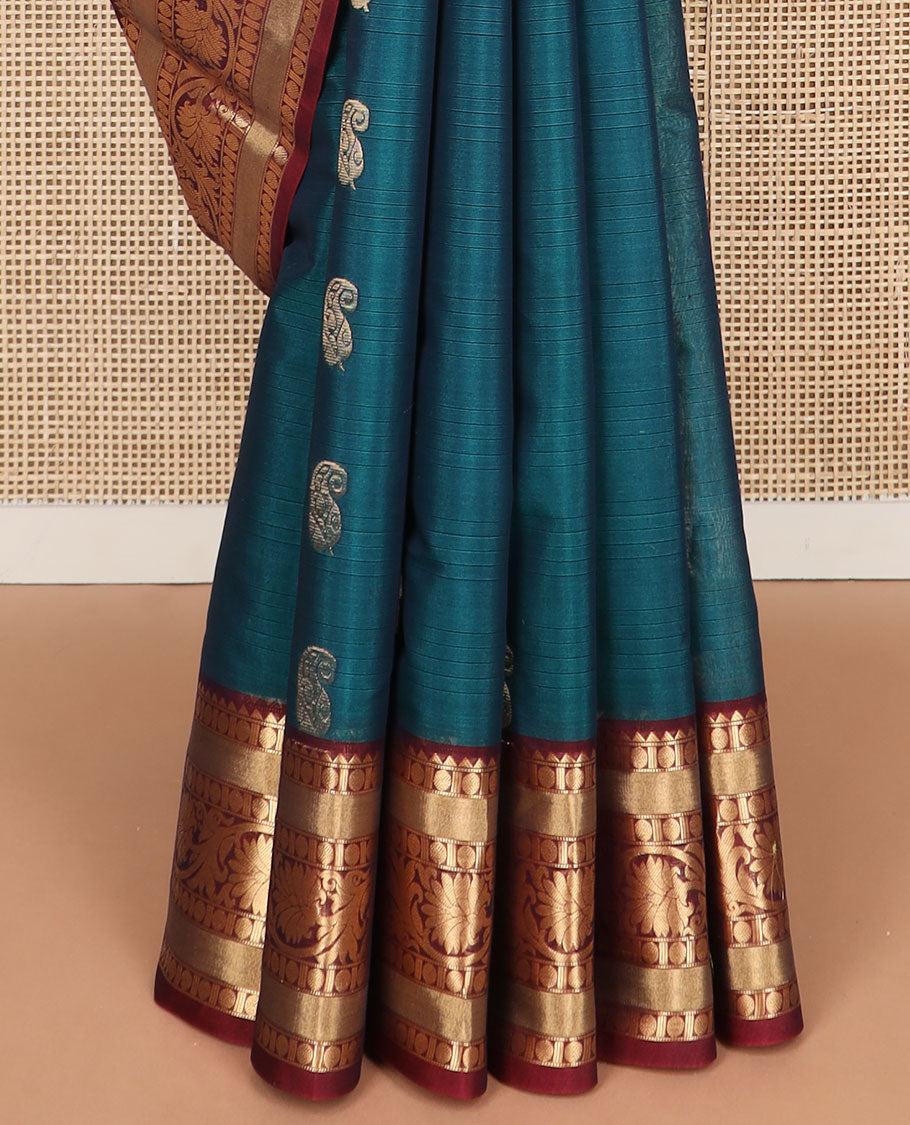 Sea blue motifs silk cotton saree with contrast zari design border & paisley design pallu