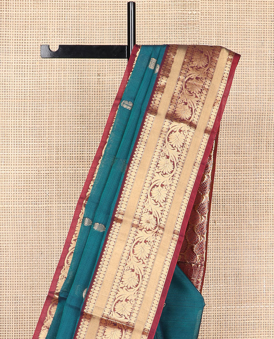 Sea blue motifs silk cotton saree with contrast zari design border & paisley design pallu
