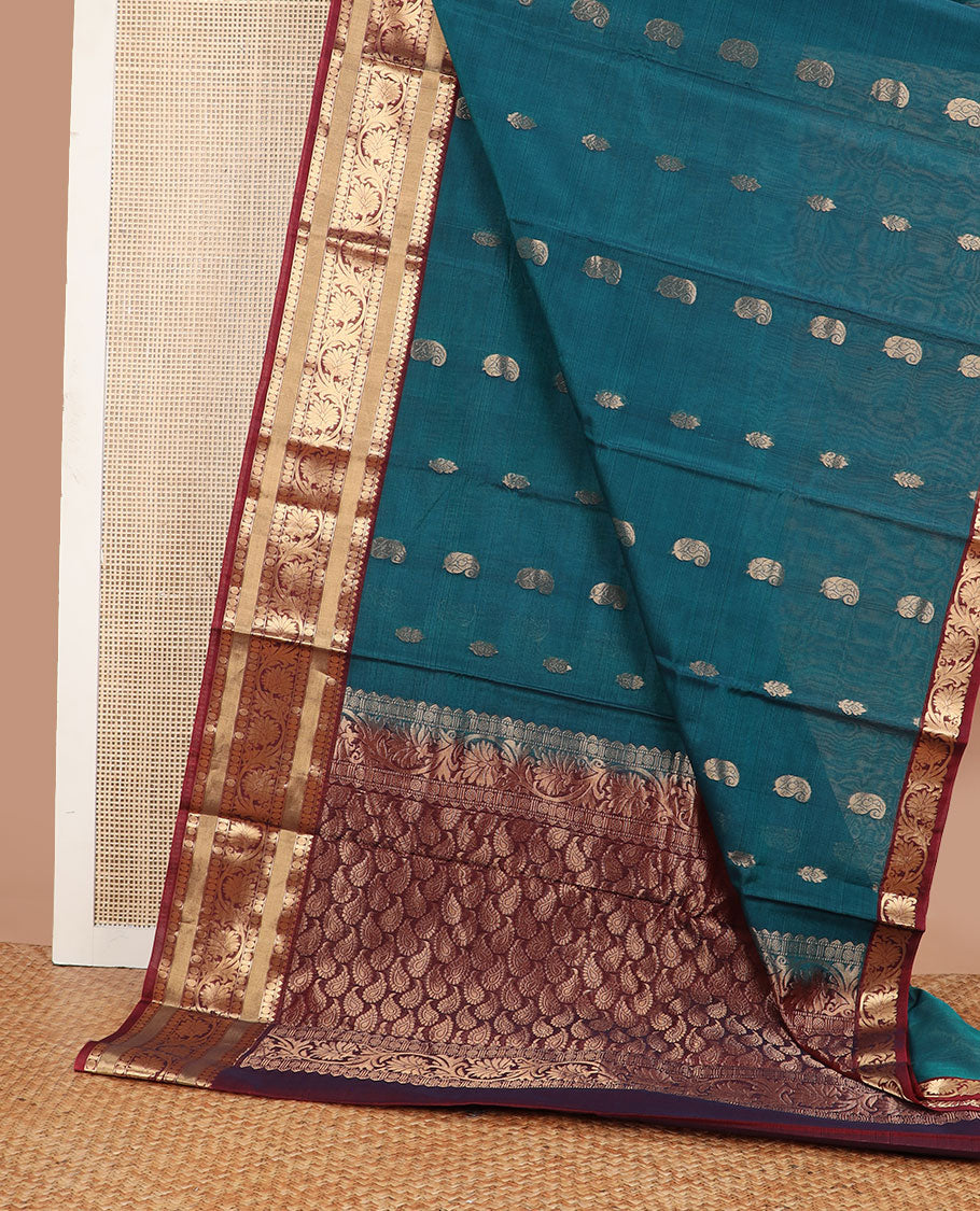 Sea blue motifs silk cotton saree with contrast zari design border & paisley design pallu