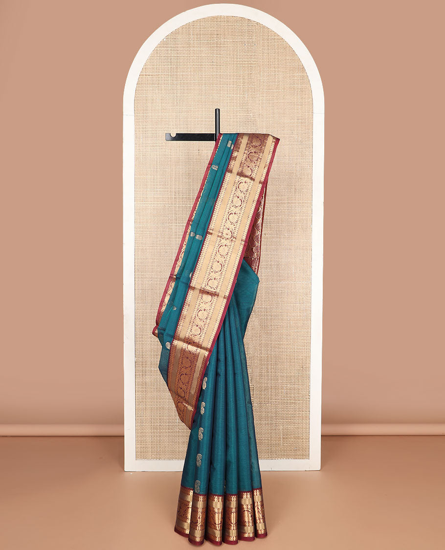 Sea blue motifs silk cotton saree with contrast zari design border & paisley design pallu