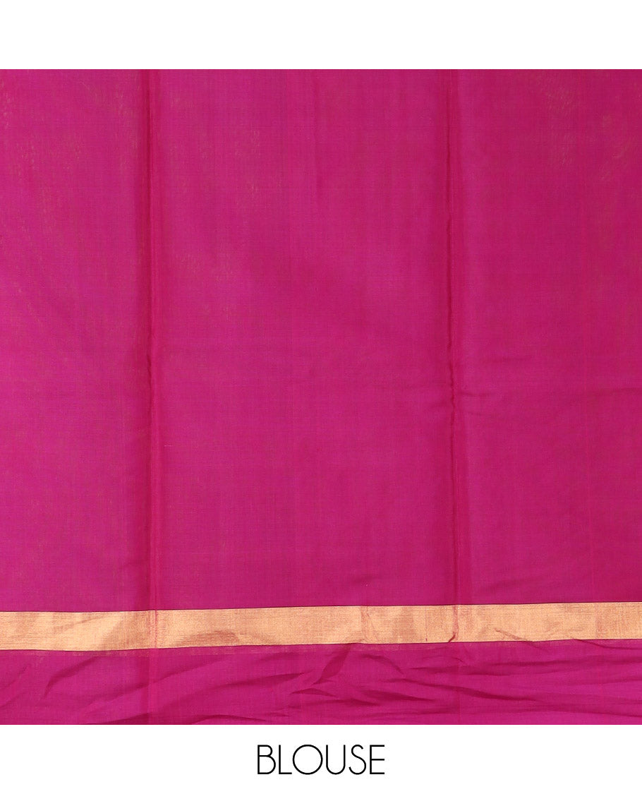 Green Silk Cotton Saree Graced with Floral Buttas All Over the Body, Complemented by a Contrast Floral Zari Motifs Woven Border, Featuring a Contrast Pallu of Floral- Geometric Zari Designs, and Paired with a Contrast Blouse