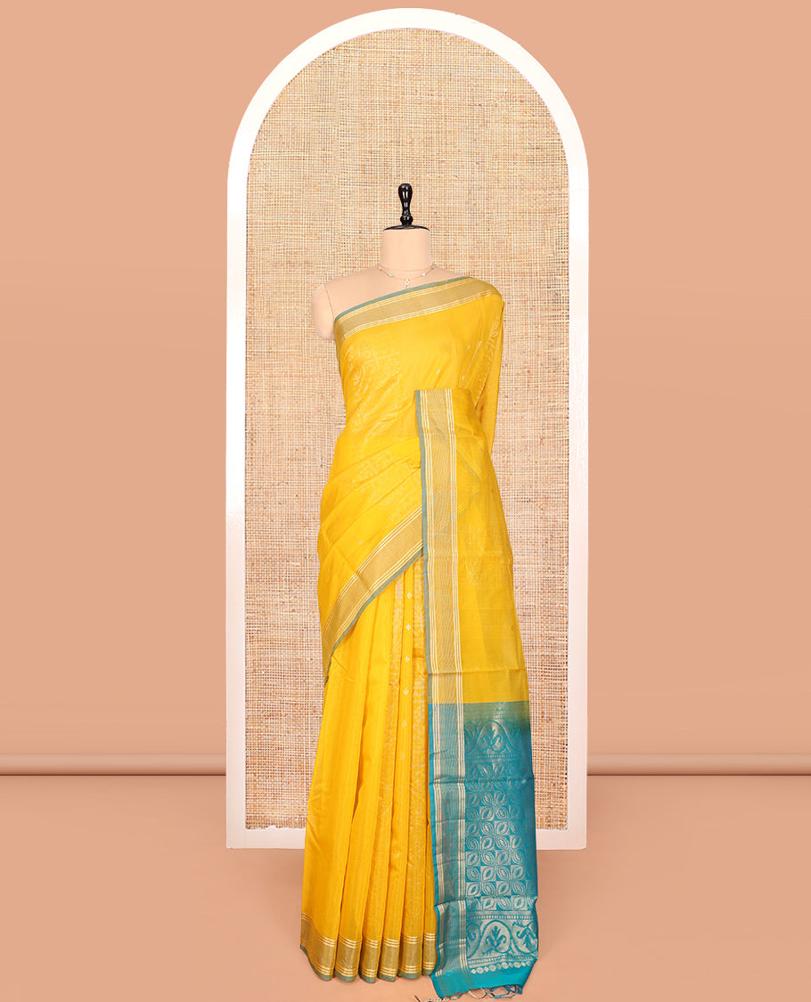 Yellow Silk Cotton Saree, Subtly Sparkled with Zari Weave, a Subtle Border, Complemented by Contrast Zari Design Pallu and a Contrast Blouse
