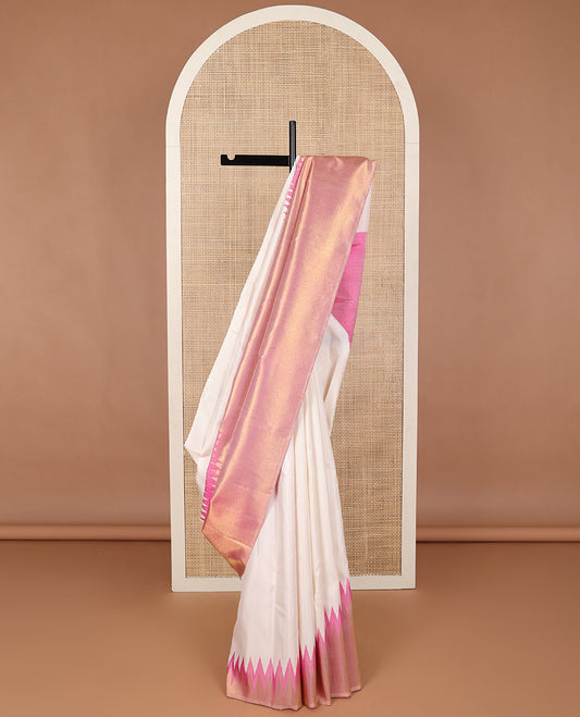 Borderless cream with pink silk saree with bhavanji pallu