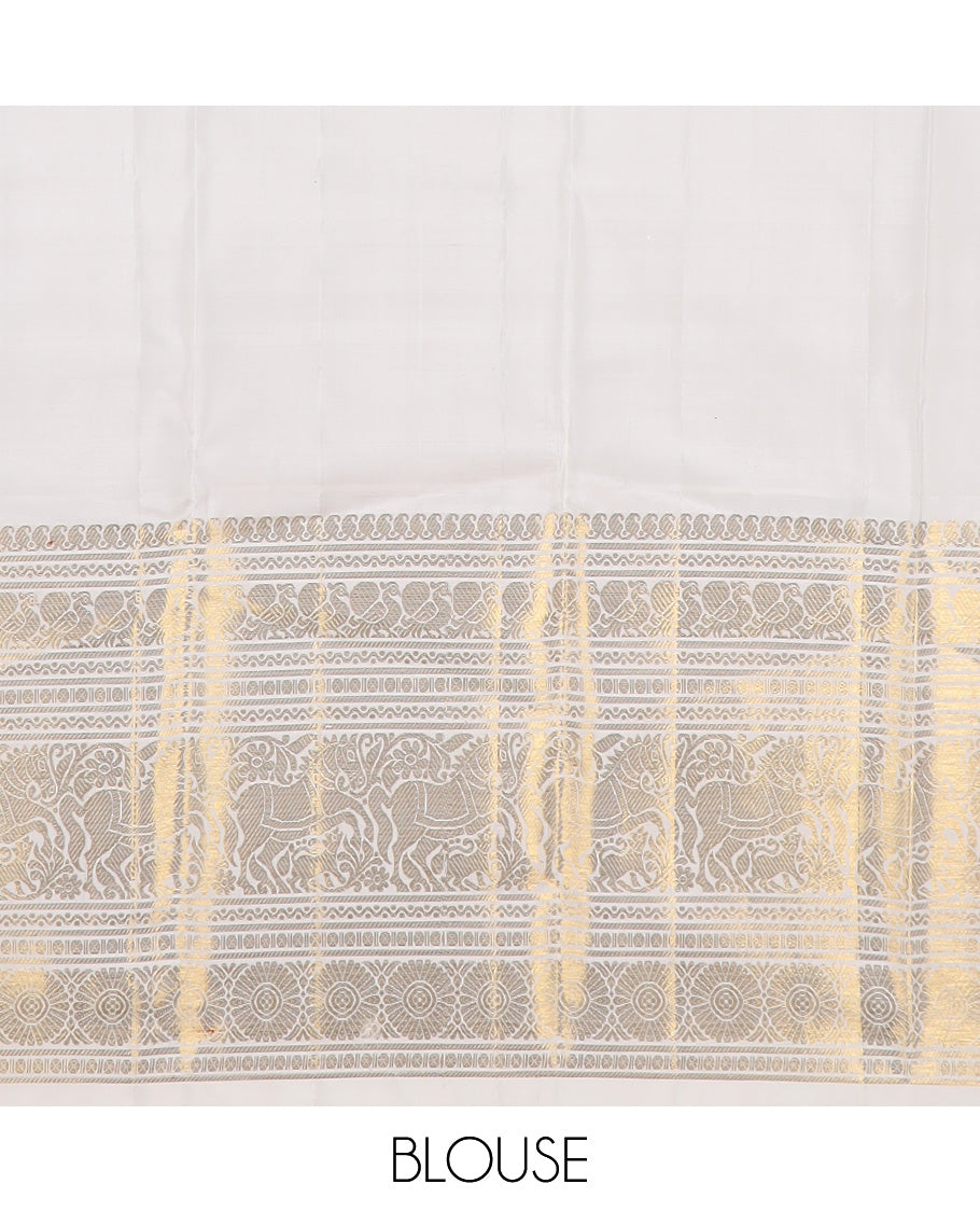 Black jacquard Kanchipuram silk saree, contrast korvai border of manga mokku, neli, banaras, mayil, kuthirai, poun, and poo chakram designs, and zari-rich pallu