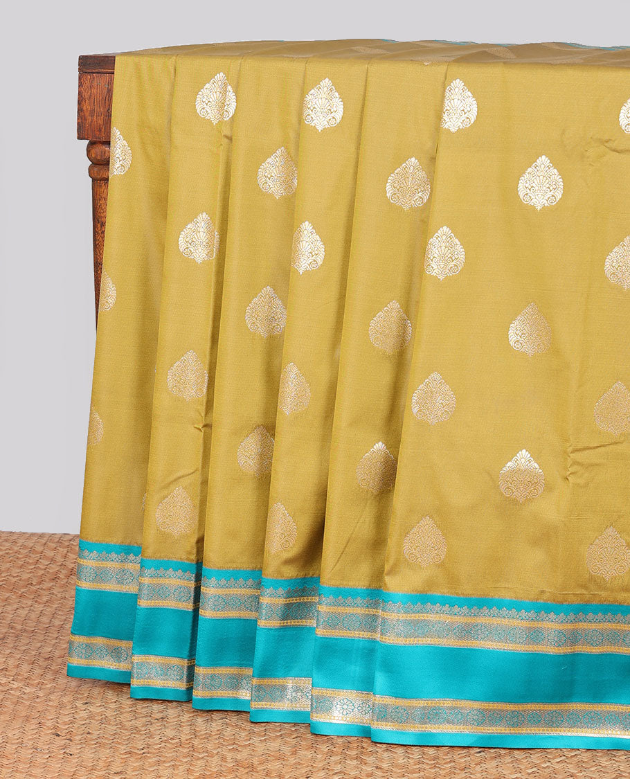 Ligth brown leaf buttas semi-soft silk saree with contrast traditional zari designb order & argyle design pallu