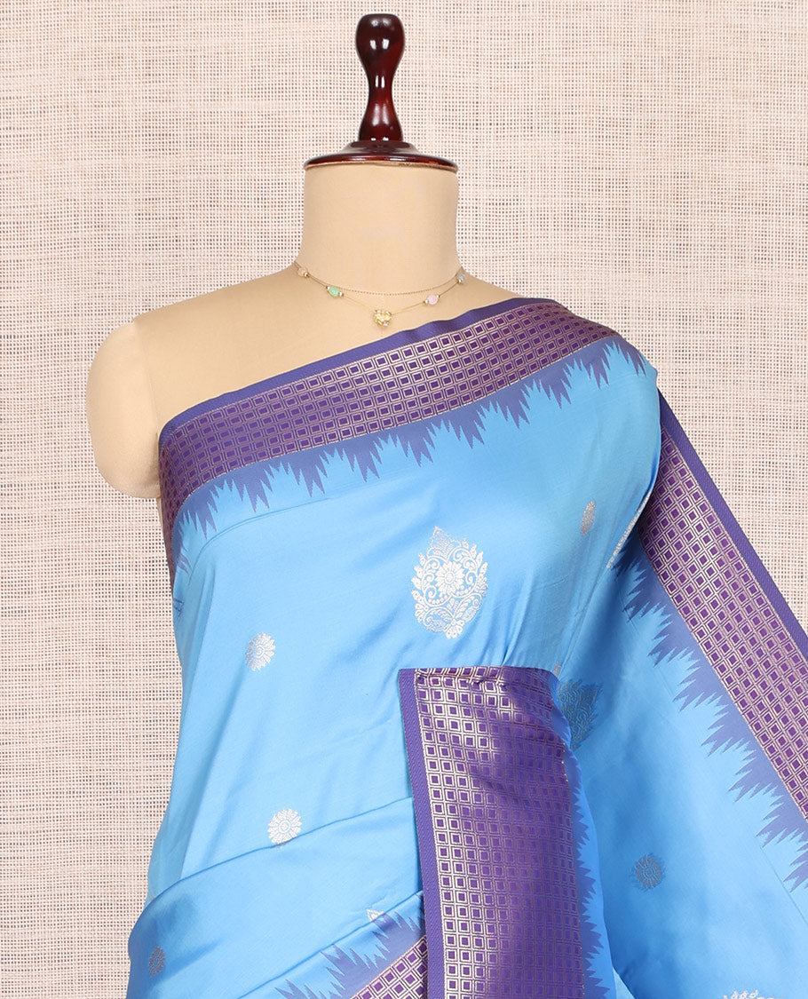 Blue Fancy Soft Silk Saree, Accentuated with Zari Buttas, Complemented by Contrast Zari Checked Temple Border, Grand Pallu, and a Contrast Blouse