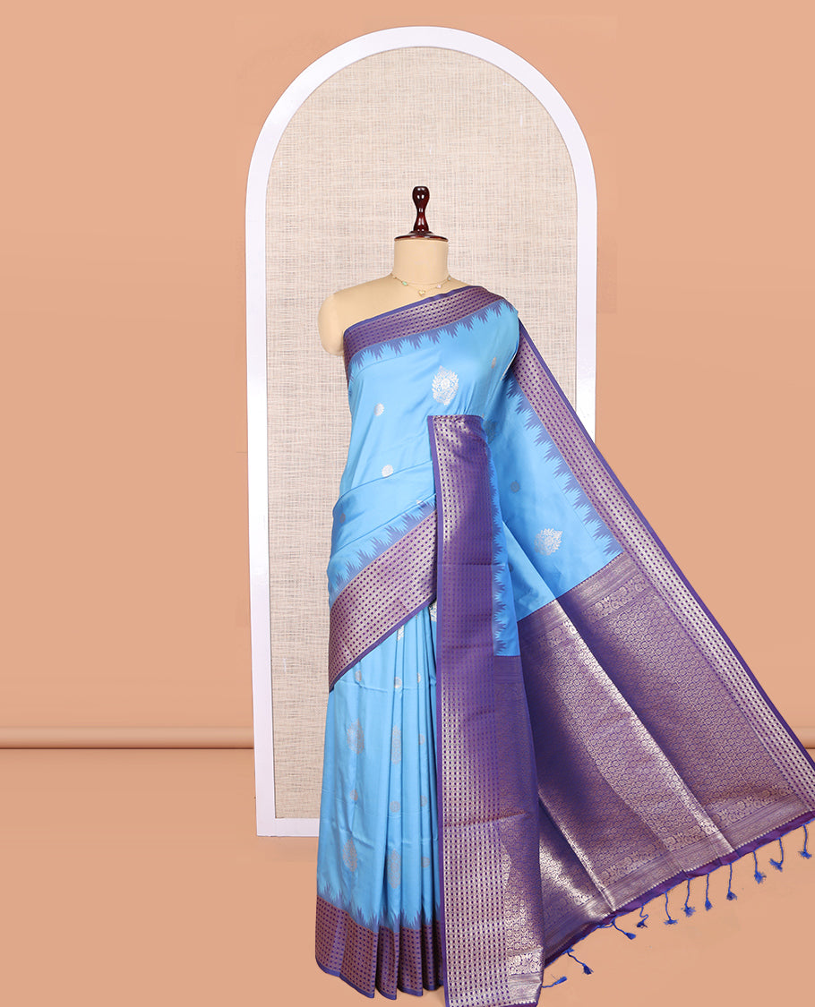 Blue Fancy Soft Silk Saree, Accentuated with Zari Buttas, Complemented by Contrast Zari Checked Temple Border, Grand Pallu, and a Contrast Blouse