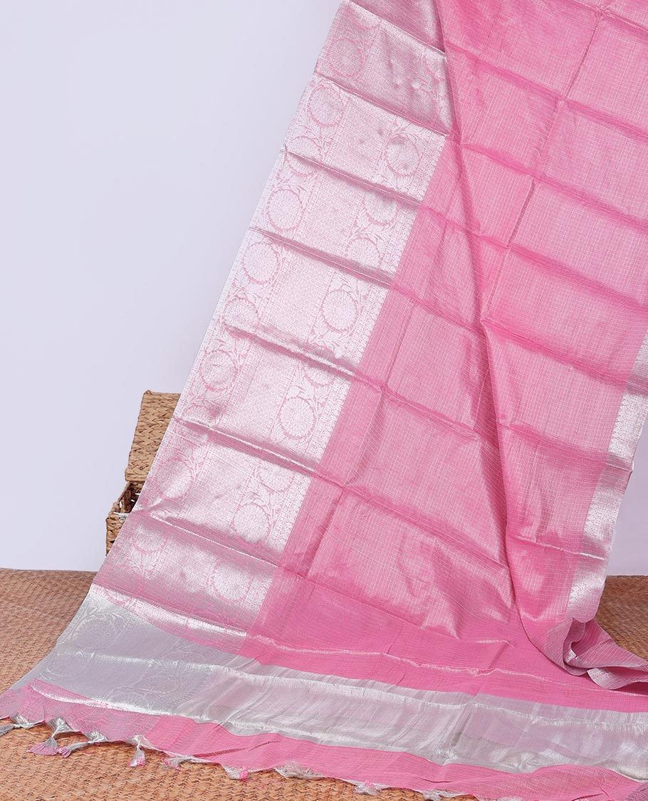Pink semi-banaras tissue saree with self zari border & intricate zari design pallu