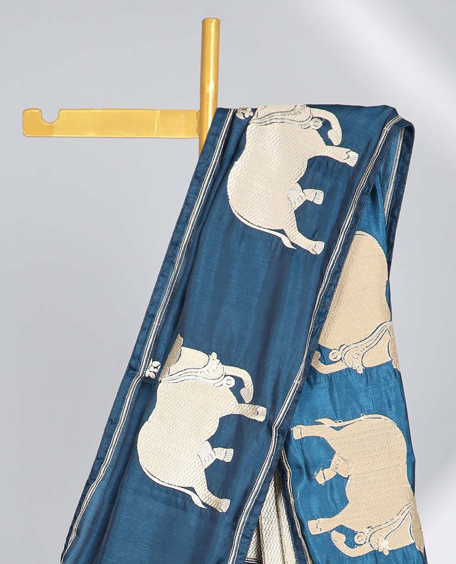 Blue floral motifs semi-banaras tussar saree with self pichwai border & zari design pallu