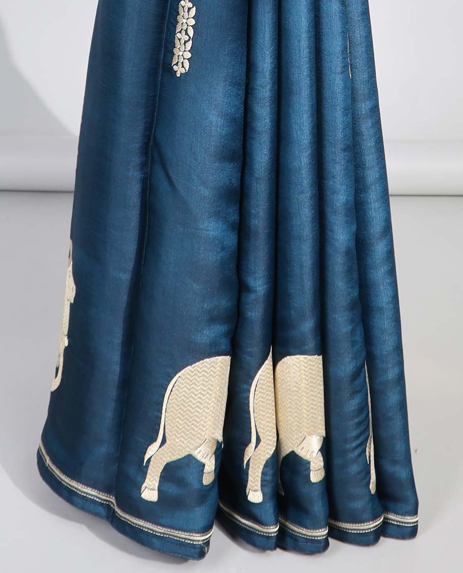 Blue floral motifs semi-banaras tussar saree with self pichwai border & zari design pallu