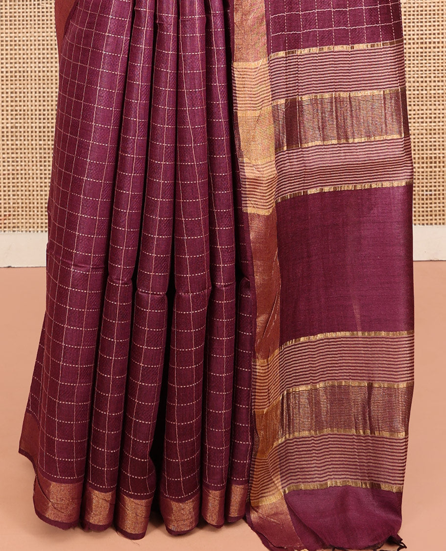 Wine Tussar Silk Saree, Detailed with Checks, a Subtle Border, Pallu Steeped with Stripes, and a Contrast Printed Blouse