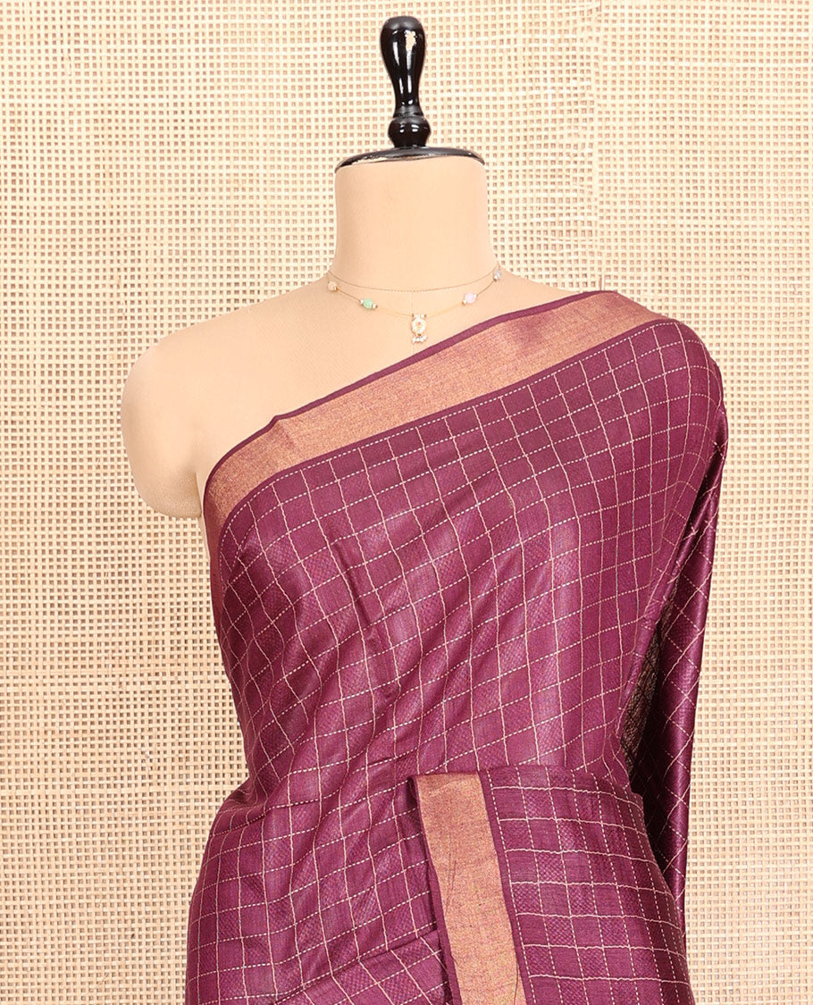 Wine Tussar Silk Saree, Detailed with Checks, a Subtle Border, Pallu Steeped with Stripes, and a Contrast Printed Blouse