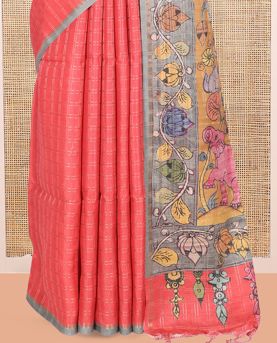 Dark Peach Fancy Tussar Silk Saree, Graced with Checked Design, Contrast Zari Piping Border, Kalamkari Pallu, and Contrast Kalamkari Printed Blouse