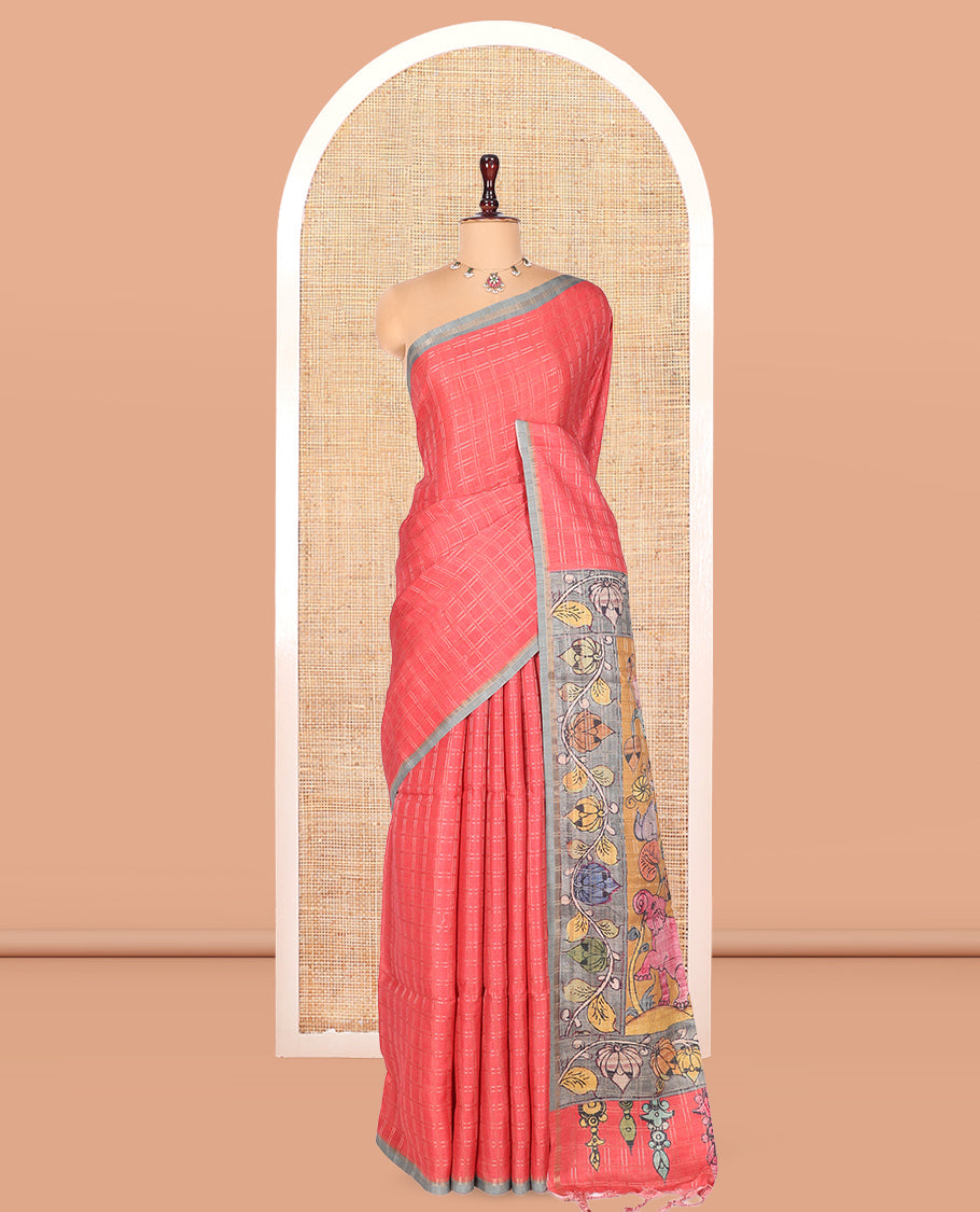 Dark Peach Fancy Tussar Silk Saree, Graced with Checked Design, Contrast Zari Piping Border, Kalamkari Pallu, and Contrast Kalamkari Printed Blouse