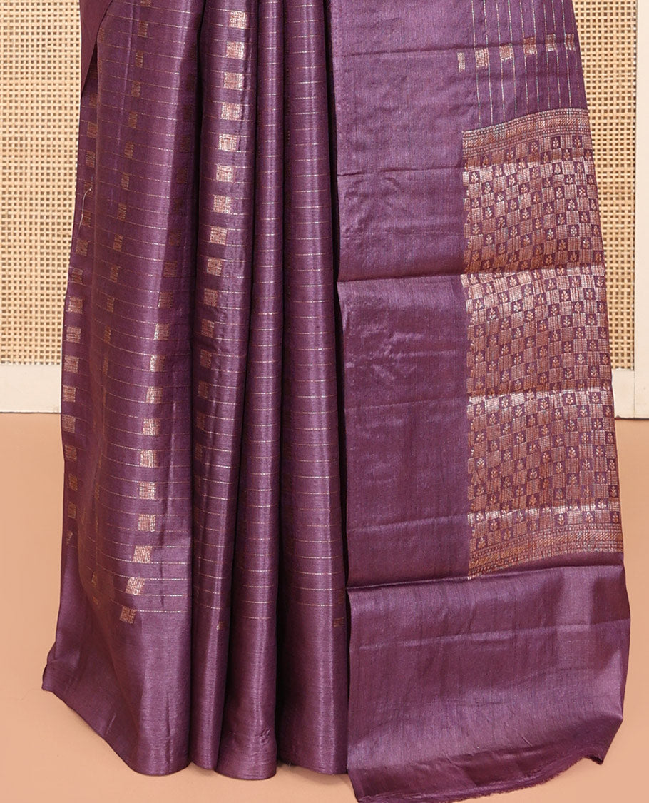 Purple Tussar Silk Saree, Adorned with Zari Buttas and Stripes, a Self-Border, Intricate Design Pallu, and a Matching Blouse