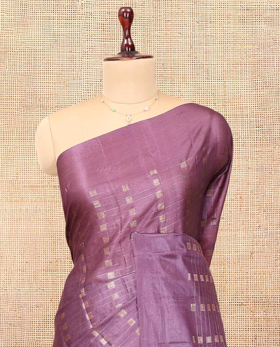 Purple Tussar Silk Saree, Adorned with Zari Buttas and Stripes, a Self-Border, Intricate Design Pallu, and a Matching Blouse
