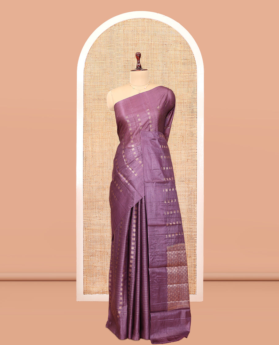 Purple Tussar Silk Saree, Adorned with Zari Buttas and Stripes, a Self-Border, Intricate Design Pallu, and a Matching Blouse