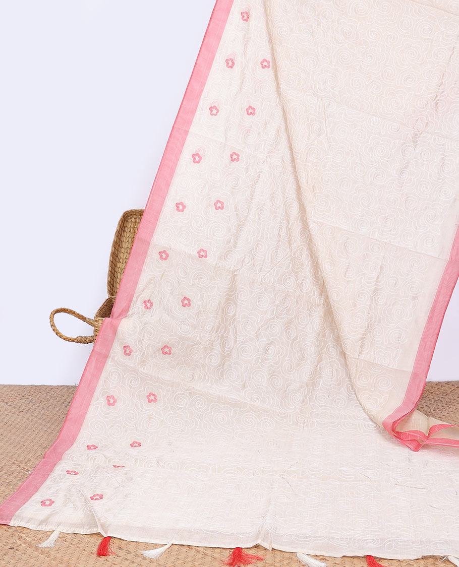 Cream floral thread embroidery semi-banaras tussar saree with contrast plain border & floral embroidered pallu