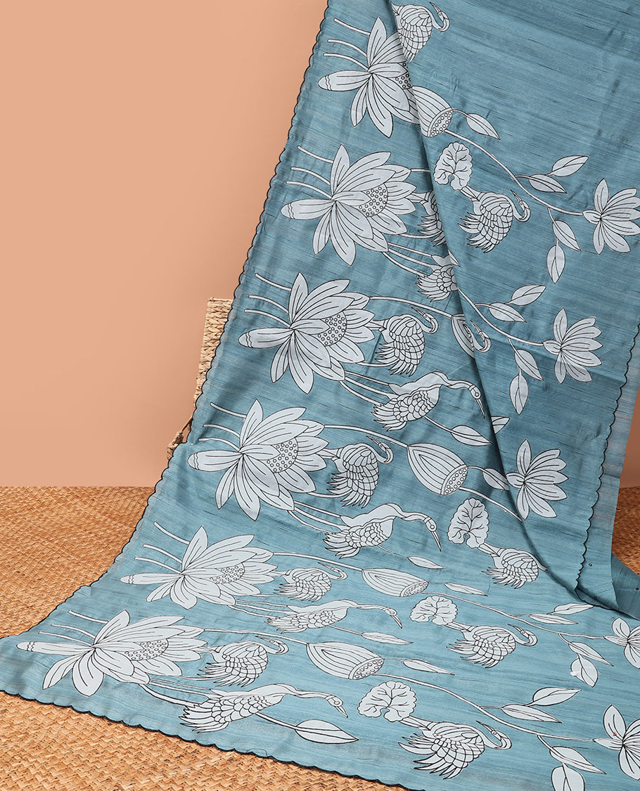 Blue all-over lake inspried design tussar saree with scallop border