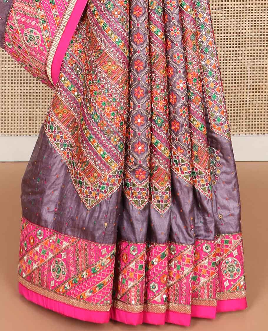 Grey mirrok work, floral butta thread embroidery tussar silk saree with contrast floral design & floral embroidery, mirror work pallu