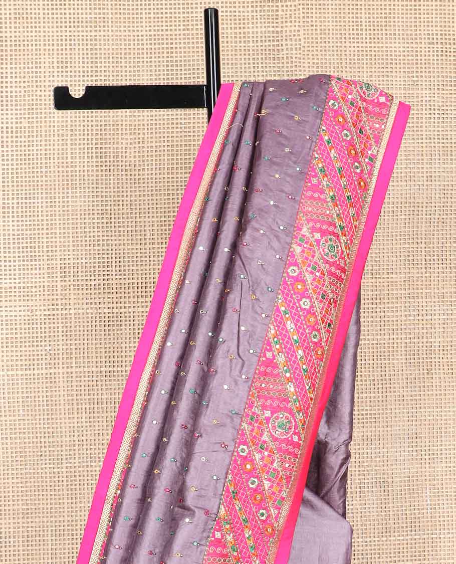 Grey mirrok work, floral butta thread embroidery tussar silk saree with contrast floral design & floral embroidery, mirror work pallu