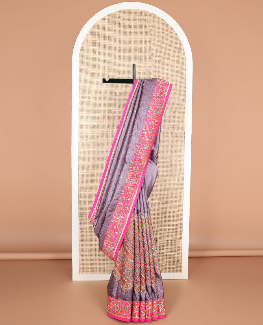 Grey mirrok work, floral butta thread embroidery tussar silk saree with contrast floral design & floral embroidery, mirror work pallu