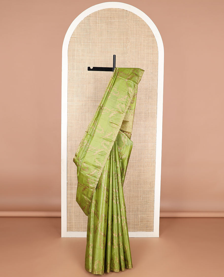 Green abstract design tussar silk saree with self zari design border & floral design pallu