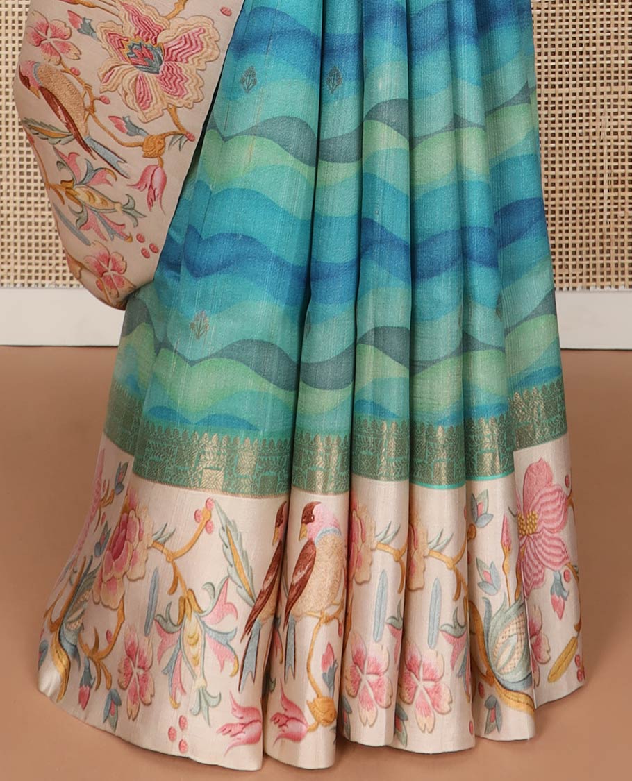 Blue motifs, abstract design tussar saree with contrast floral design border & checked design pallu