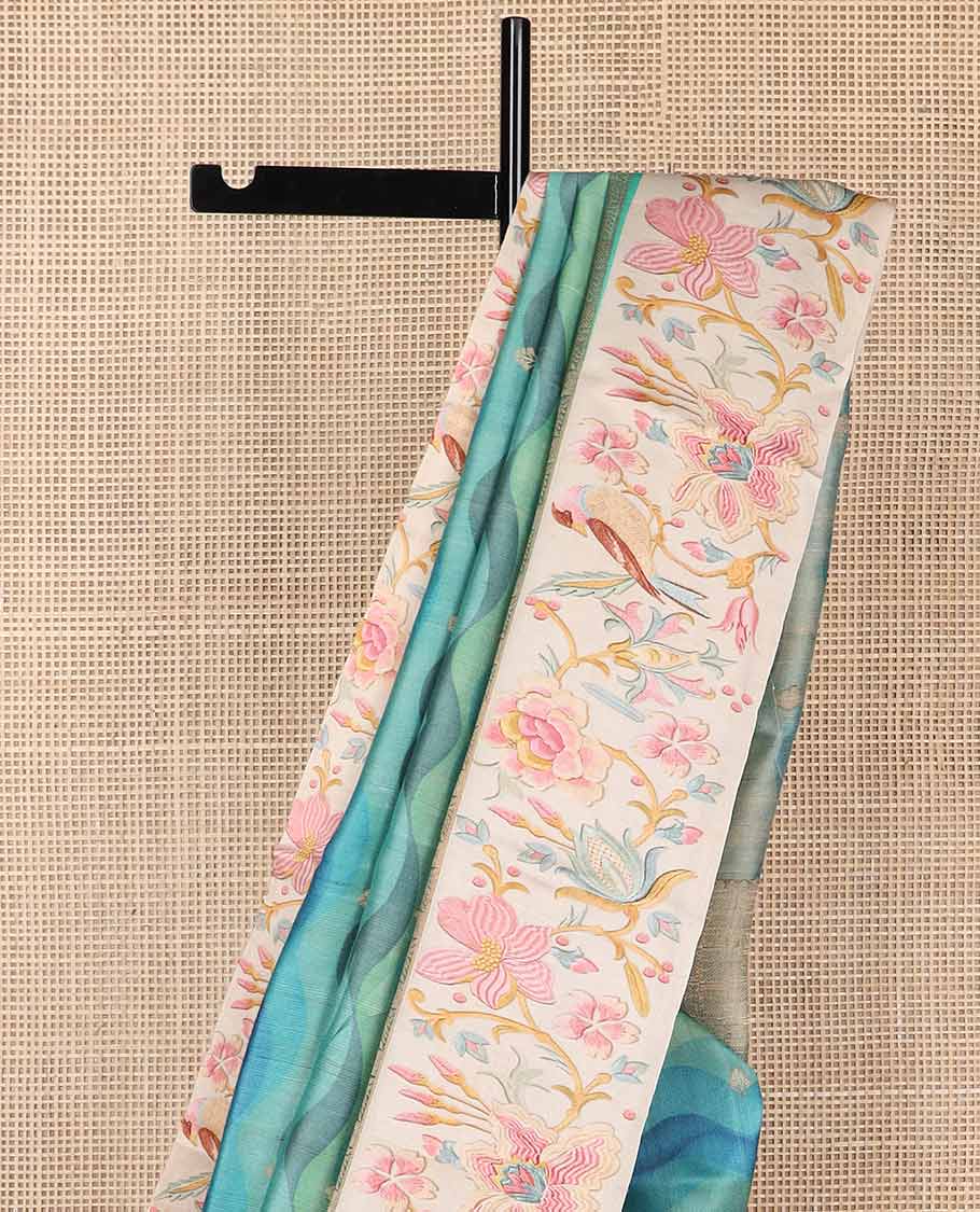 Blue motifs, abstract design tussar saree with contrast floral design border & checked design pallu