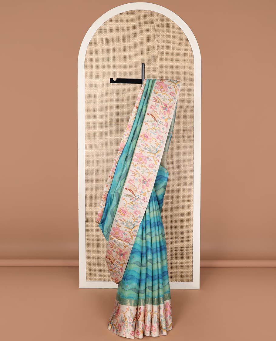 Blue motifs, abstract design tussar saree with contrast floral design border & checked design pallu