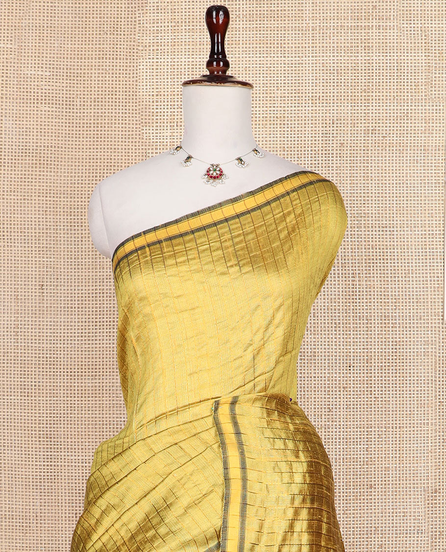 Mustard checked tussar silk saree, zari border & contrast striped pallu