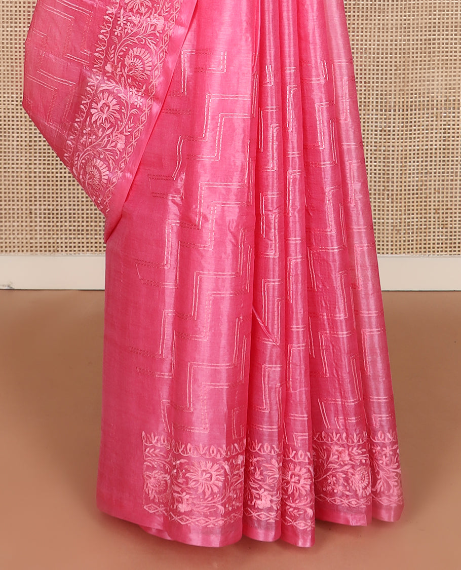 Pink maze patterned thread embroidered tussar saree, floral creeper thread embroidered border