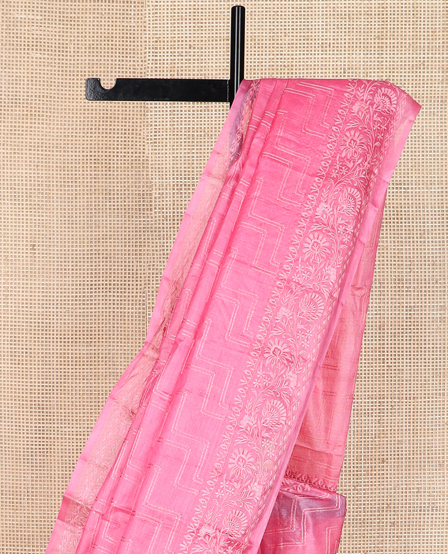 Pink maze patterned thread embroidered tussar saree, floral creeper thread embroidered border